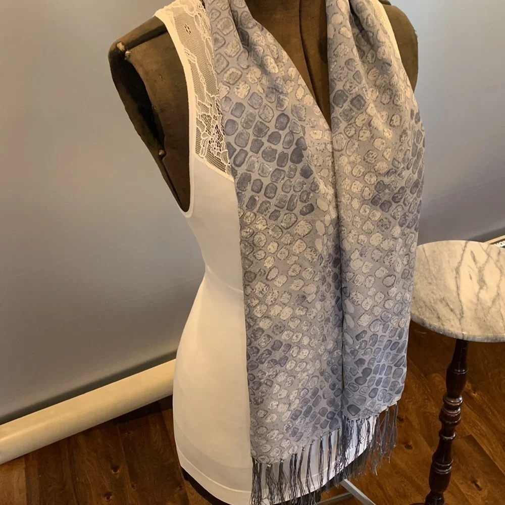 Francesca 💯 silk scarf in blueish grey hues in tiles with sexy fringe Italy made